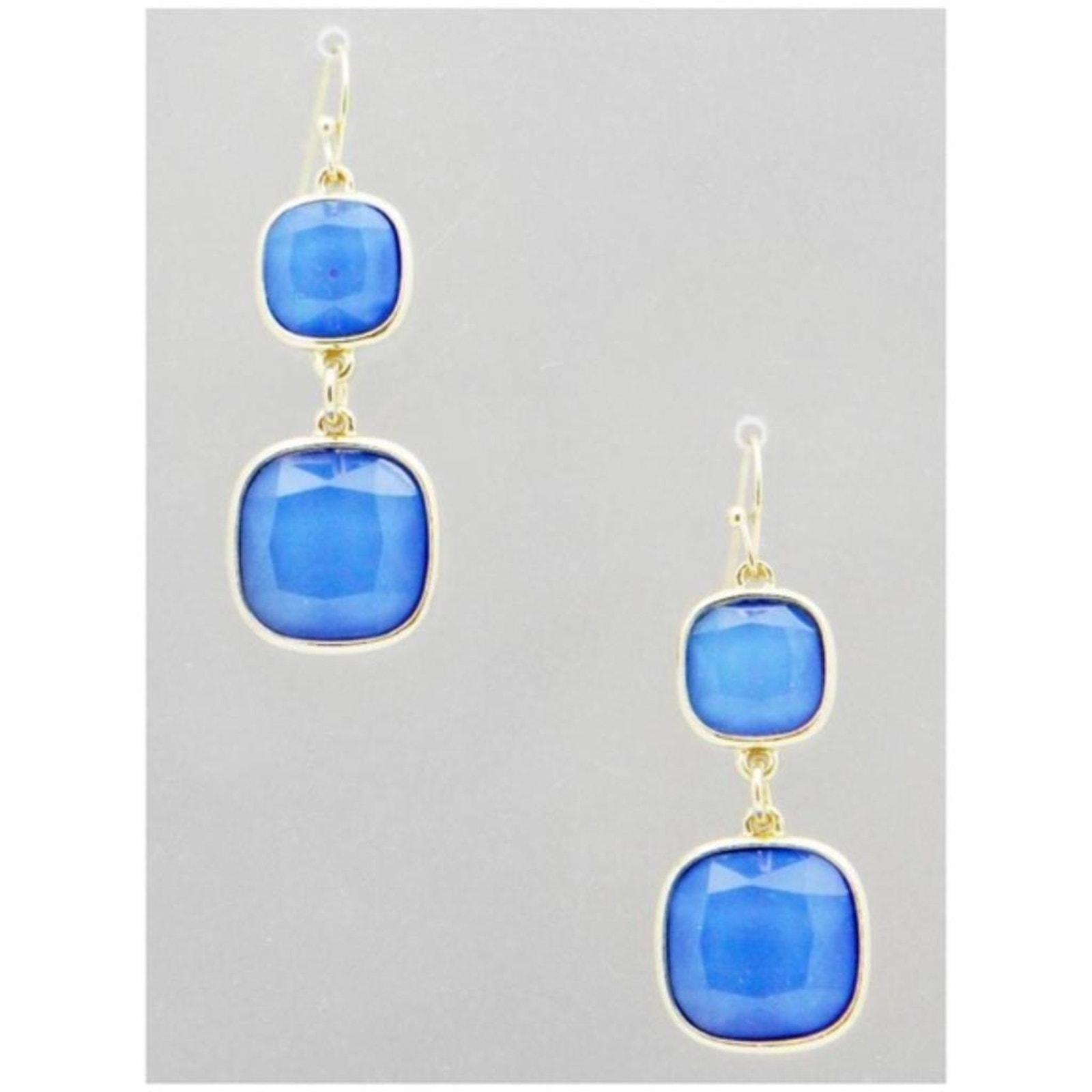 New Boutique Royal Blue Square Stones Gold Dangle Drop Hook Earrings